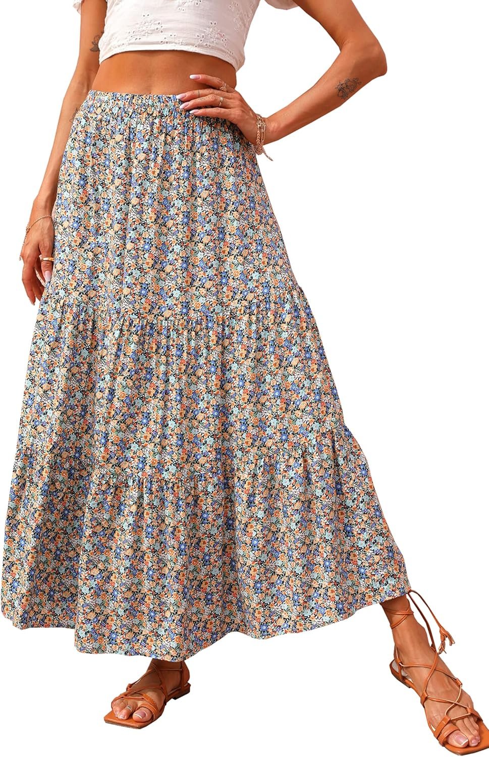 KIRUNDO Maxi Skirts for Women 2026 Summer Boho Floral High Waist Casual Flowy Long Skirt Beach Vacation Cruise Resort Wear