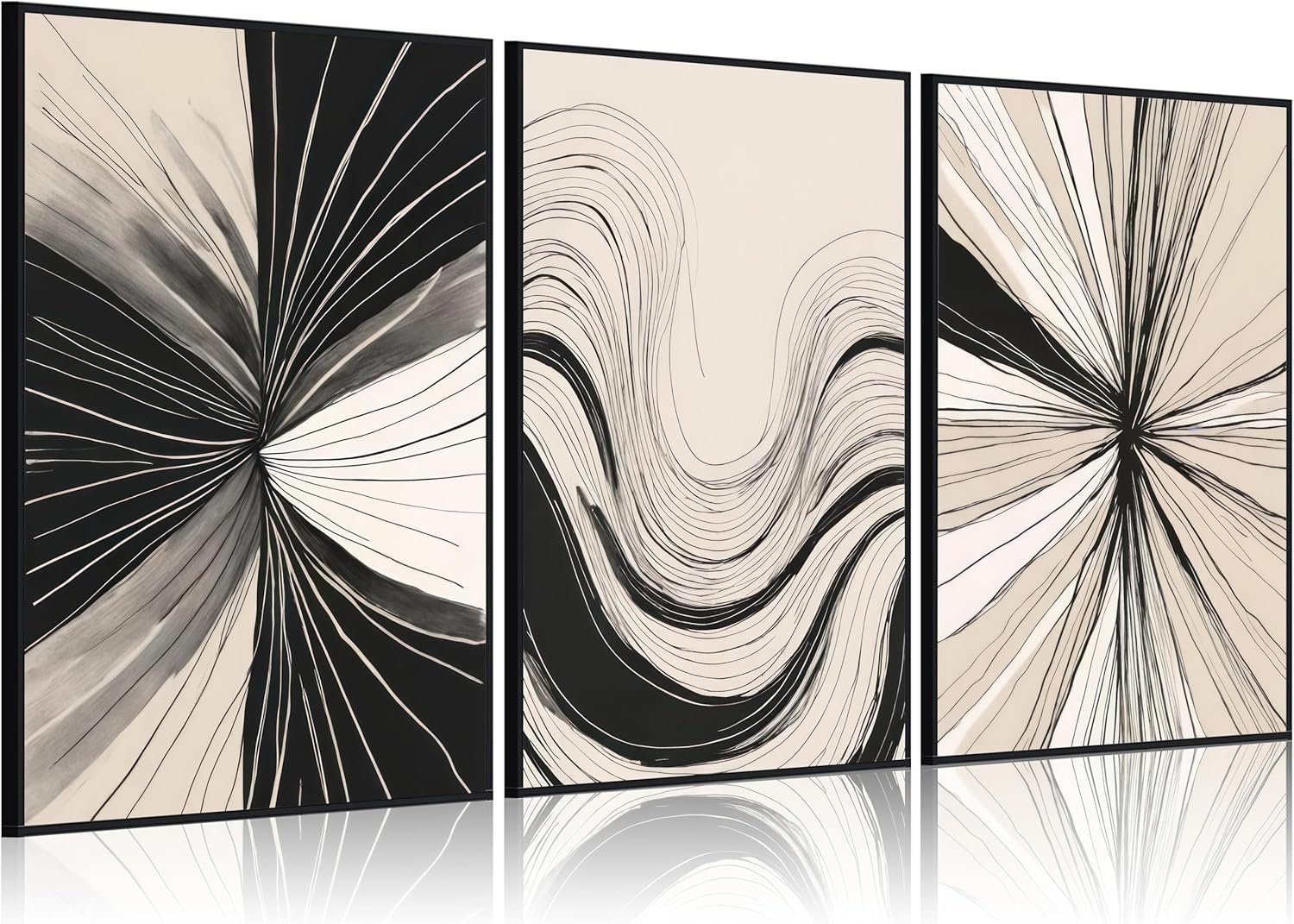 3Pcs Abstract Line Wall Art Modern Boho Neutral Line Wall Decor Mid-Century Paintings Geometric Minimalist Black and Beige Posters prints Artwork for Living Room Bedroom Office Home12x16in Unframed