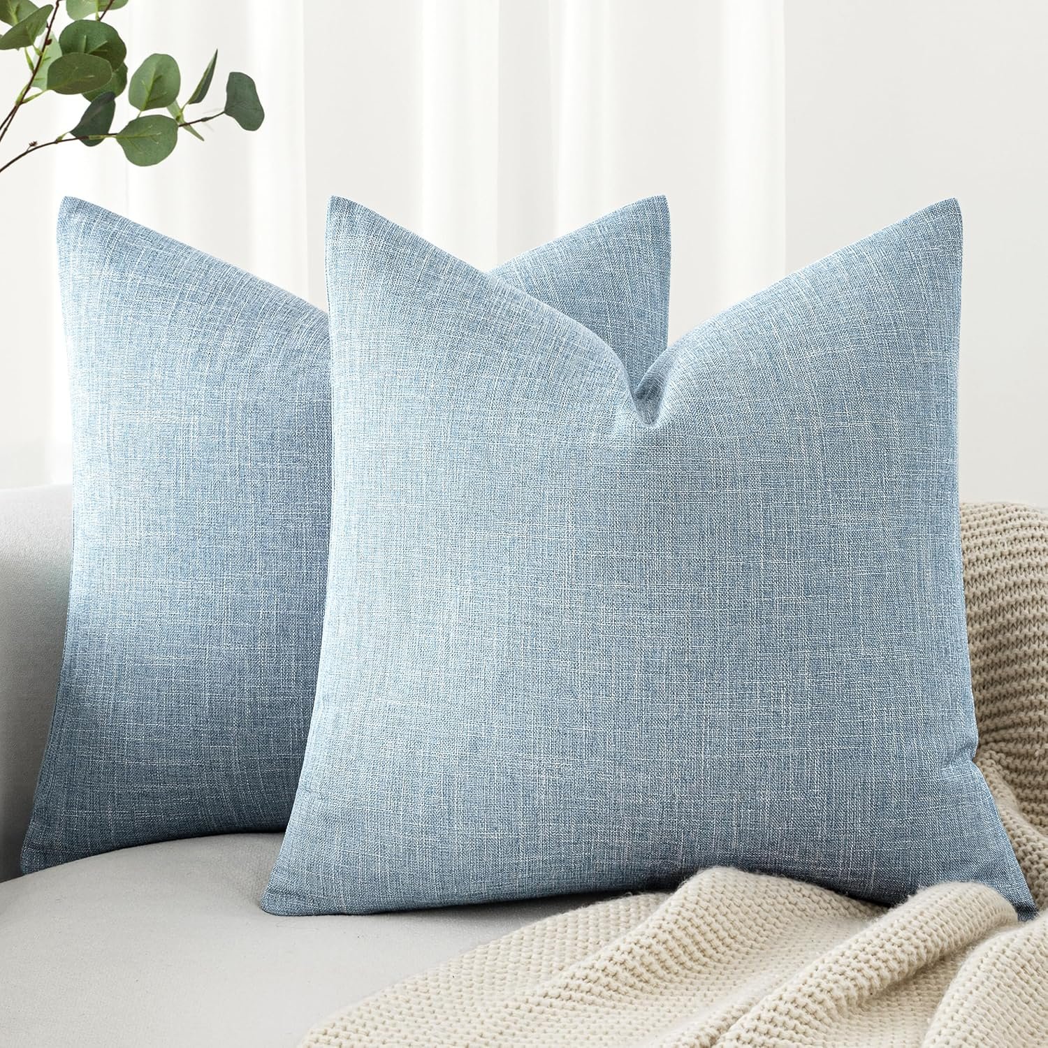 MIULEE Pack of 2 Decorative Linen Burlap Textured Pillow Covers Farmhouse Boho Accent Pillowcases Spring Coastal Home Decor for Couch Sofa Bedroom Living Room 18×18 Inch Light Blue