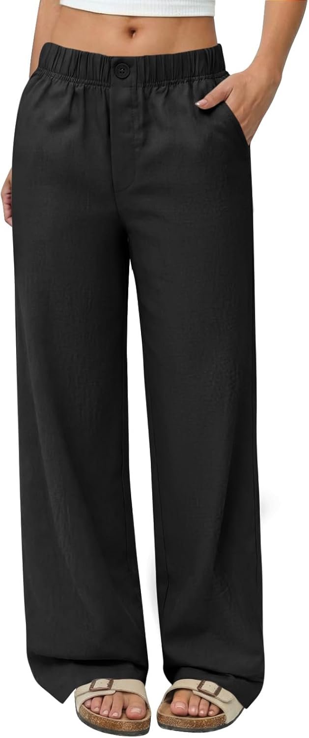COPYLEAF Linen Pants Women Wide Leg Elastic Waist Flowy Palazzo Casual Pants with Pockets Beach Travel Trousers