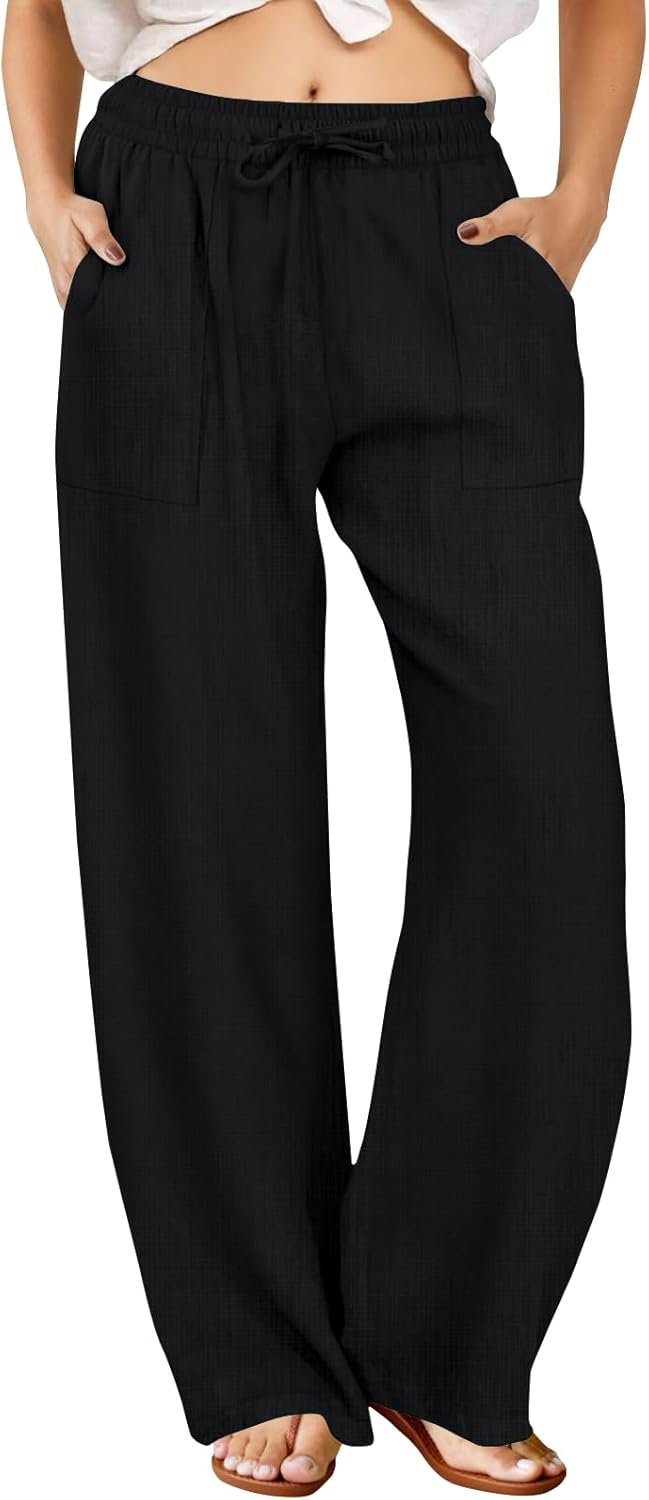 FireSwan Womens Palazzo Pants Casual Drawstring Flowy Pants Wide Leg Summer Beach Linen Trousers with Pockets