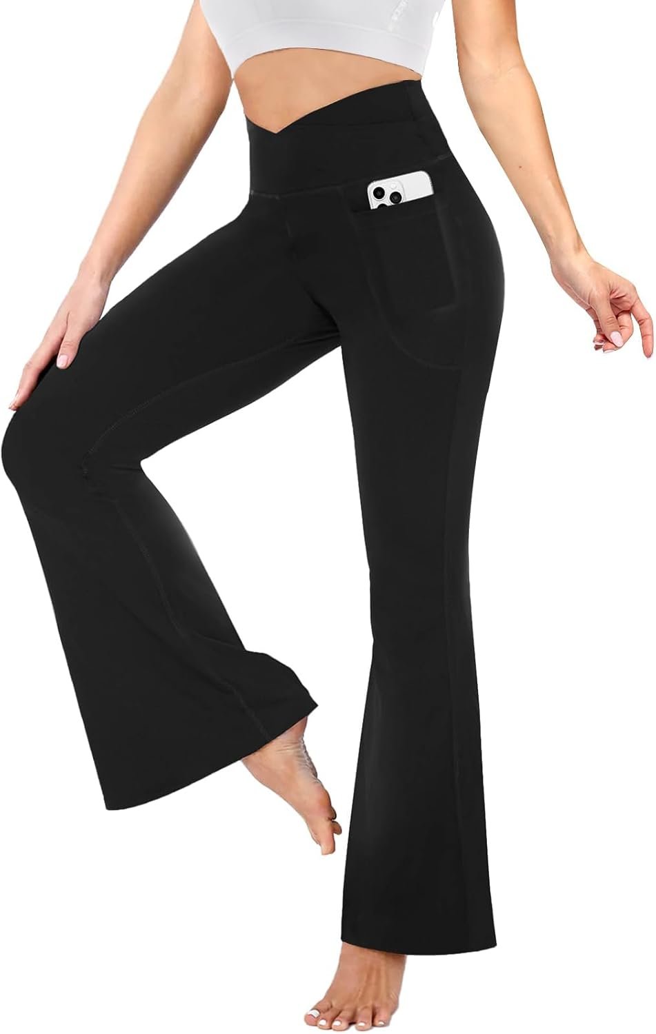 YOLIX Flare Leggings for Women with Pockets – Crossover High Waisted Black Flared Leggings for Yoga Gym Workout
