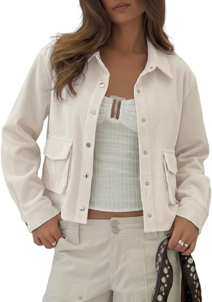 Beaully Womens Corduroy Cropped Shacket Jacket Short Button Down Long Sleeve 2026 Spring Outwear Tops