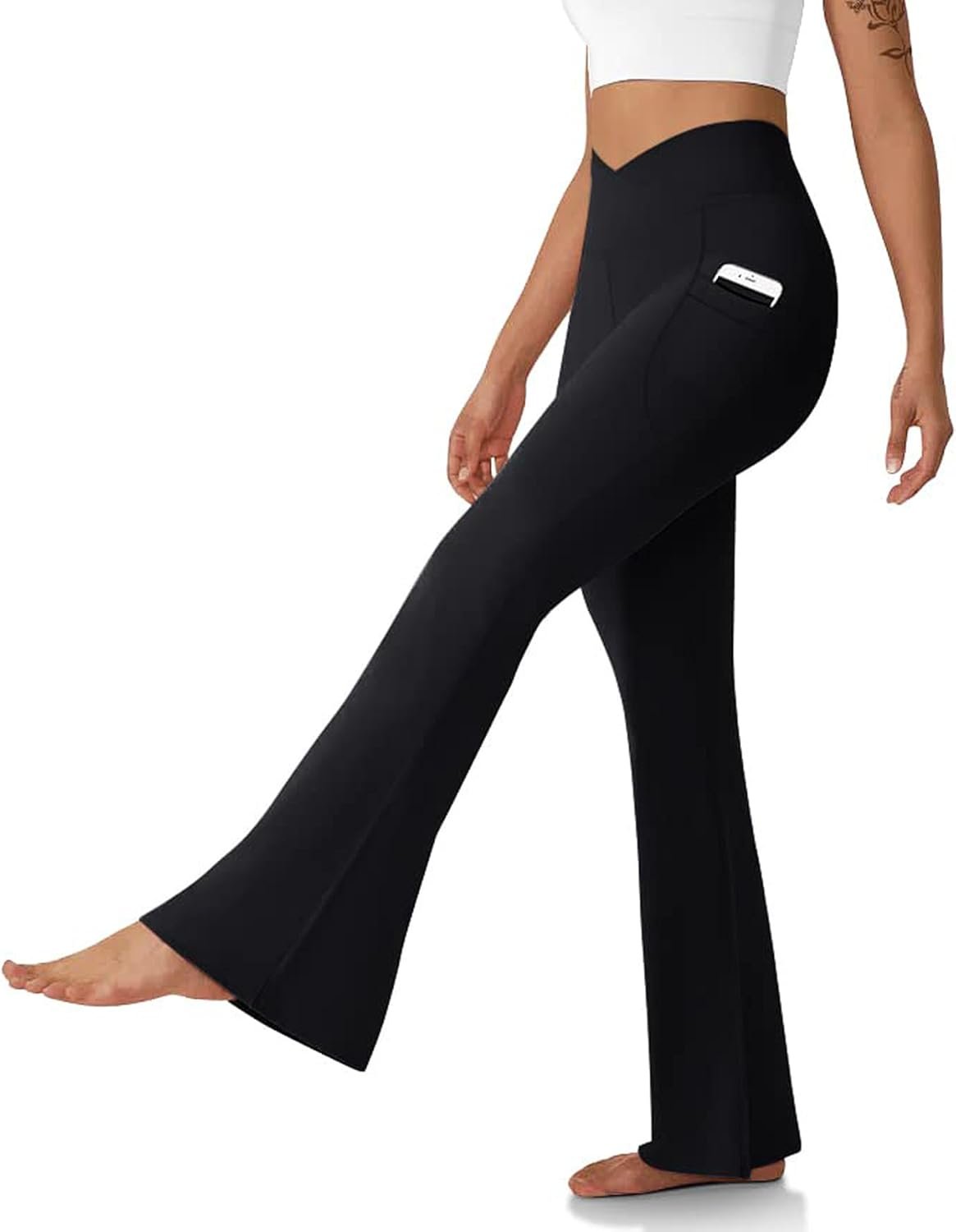DLOODA Women’s Flare Leggings with Pockets Crossover High Waisted Bootcut Yoga Pants Tummy Control Bell Bottom Leggings