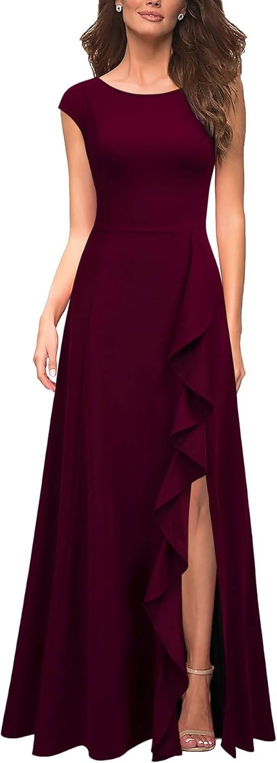 MUSHARE Women’s Cocktail Dresses with Pockets Ruffled Sexy Split Party Long Formal Dress