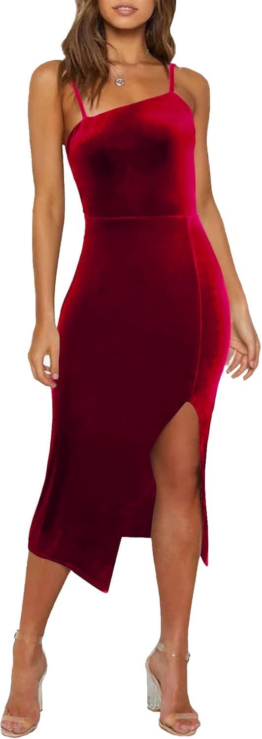 OWIN Women’s Adjustable Spaghetti Straps Sleeveless High Waist Split Midi Bodycon Cocktail Party Dress