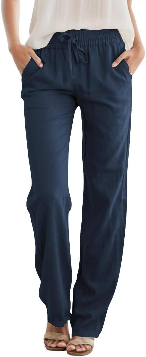 JEKAOYI Womens High Waist Casual Pants Drawstring Straight Leg Vacation Comfy Lounge Pocket Linen Trousers