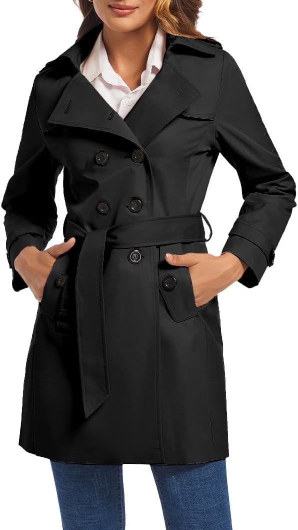 FARVALUE Women’s Double Breasted Trench Coat Water Resistant Windbreaker Classic Belted Lapel Overcoat
