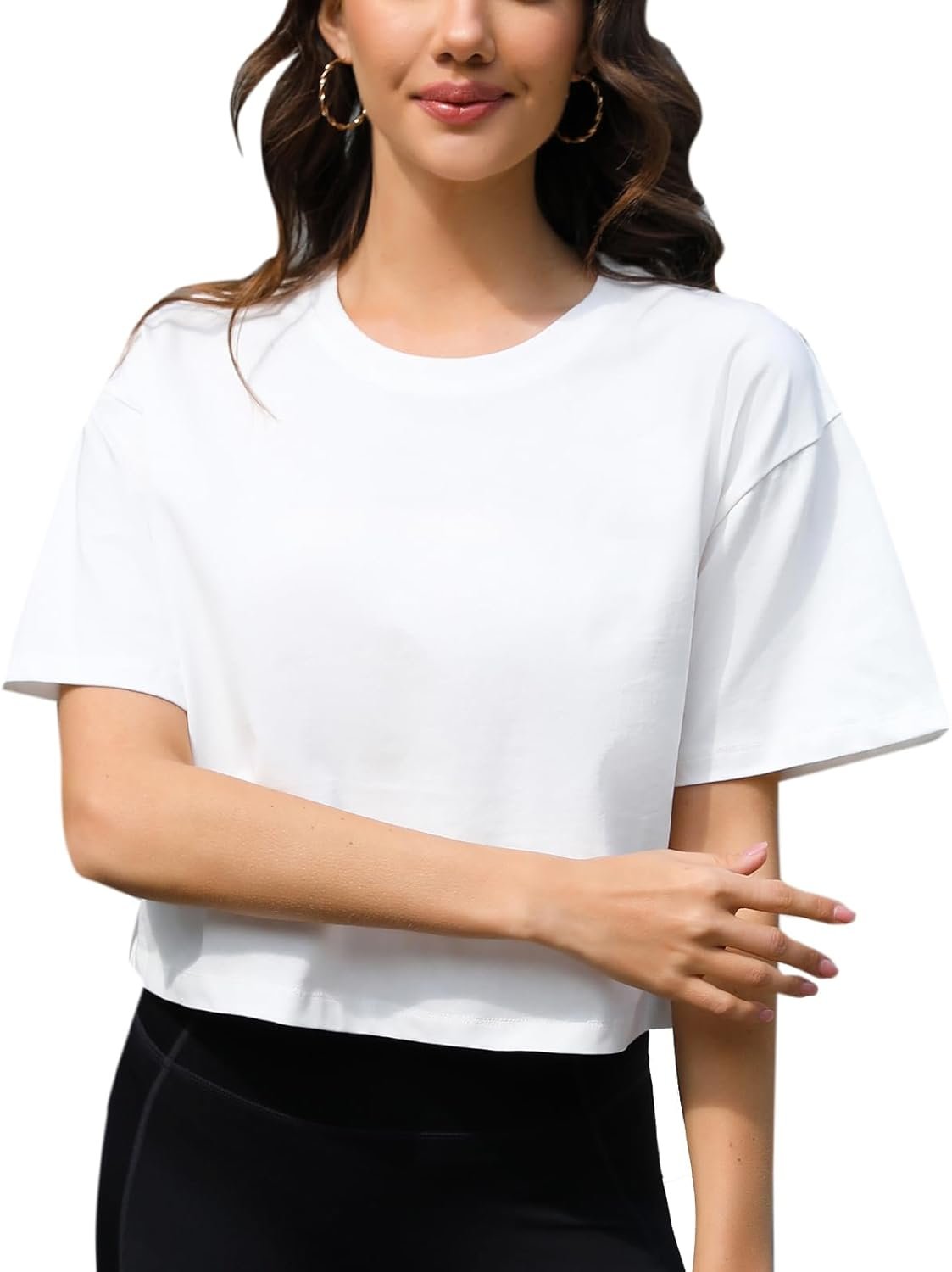 Women Workout Crop Top T-Shirt 100% Cotton Drop Shoulder Half Sleeve Oversized Yoga Running Cropped Loose Tee