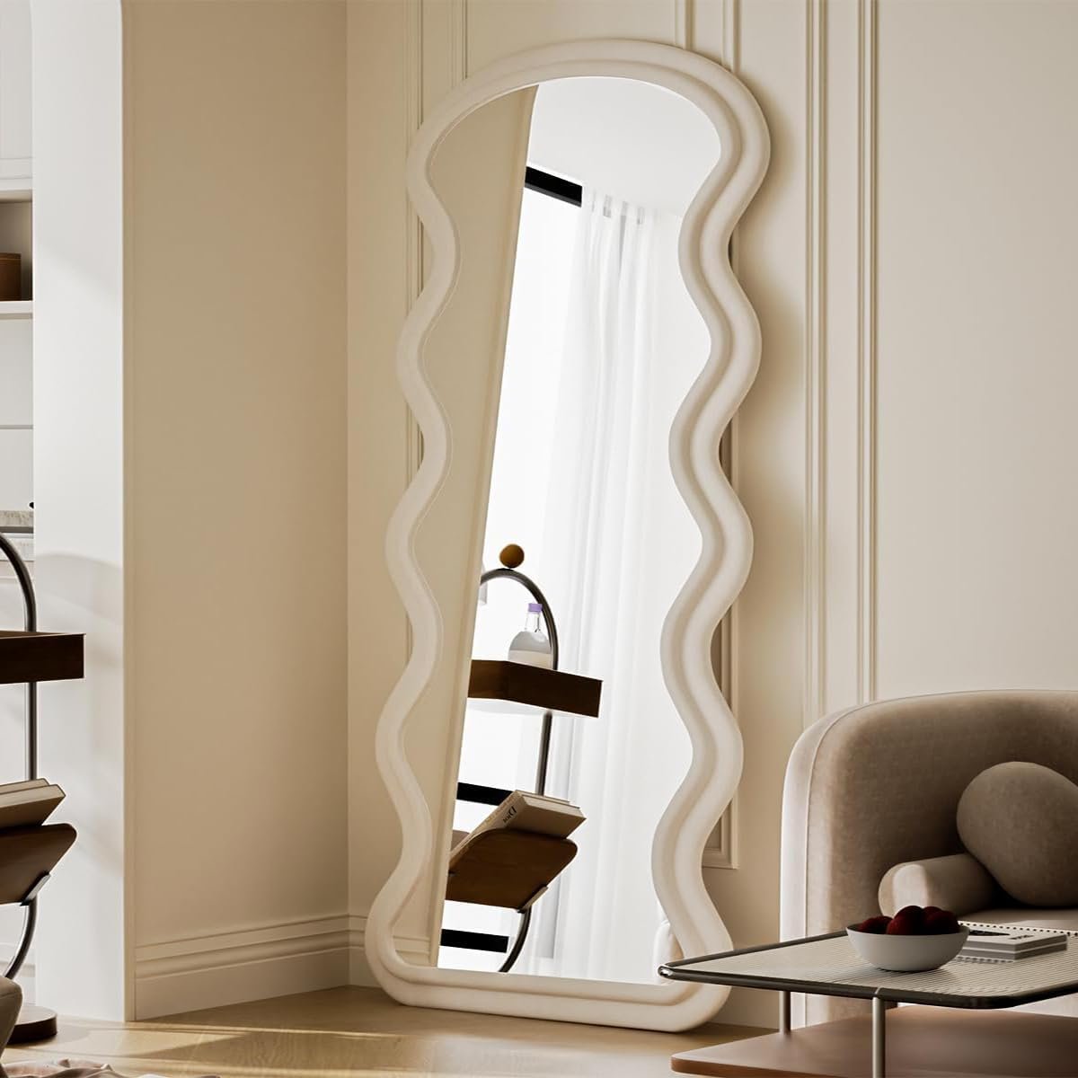 Koonmi 63″x24″ Wavy Mirror Full Length, Flannel Floor Mirrors, Irregular Wavy Standing Mirror Wall Mounted with Flannel Wrapped Frame for Bedroom & Living Room, White