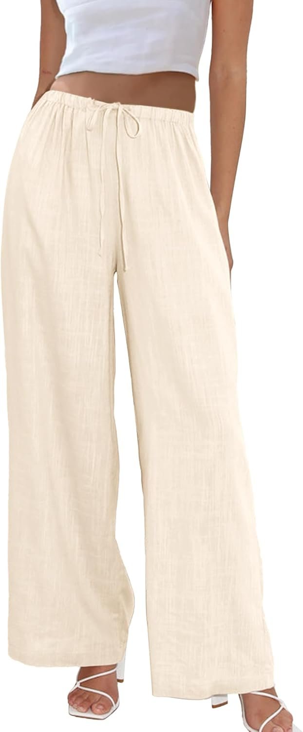 Duyang Womens Cotton Linen Palazzo Pants Drawstring Elastic Waist Casual Wide Leg Trousers with Pockets