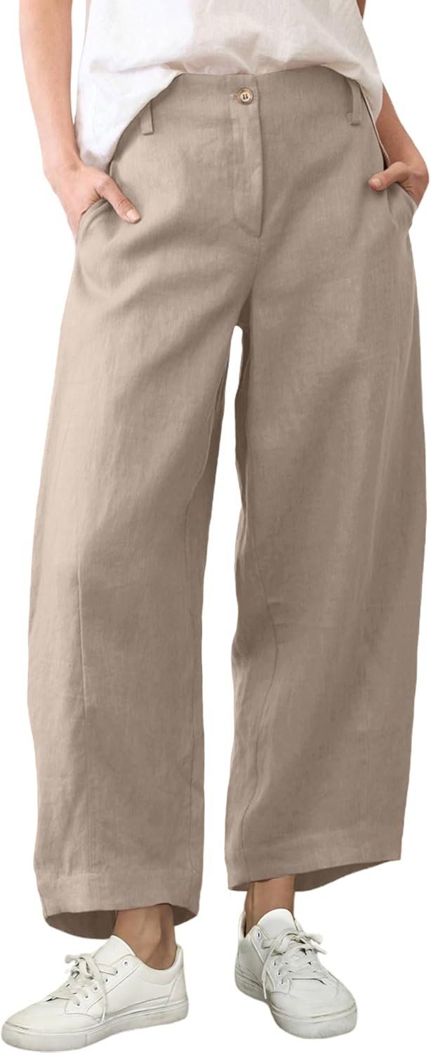 Athlisan Womens Linen Barrel Pants Casual Baggy Wide Leg Palazzo Trousers Summer Beach Capri Pants