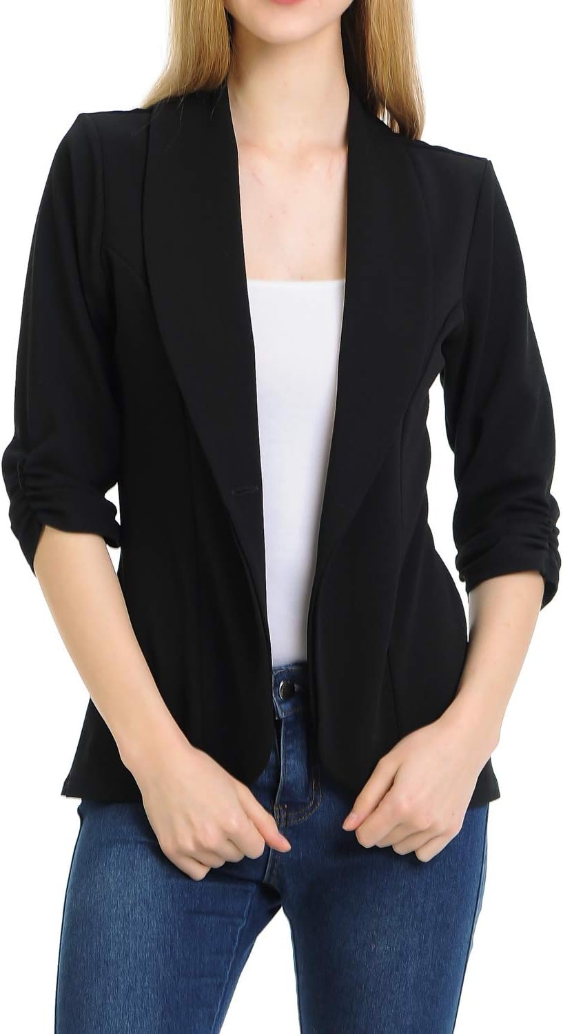 Women’s 3/4 Ruched Sleeve Lightweight Work Office Blazer Jacket (S-3XL)