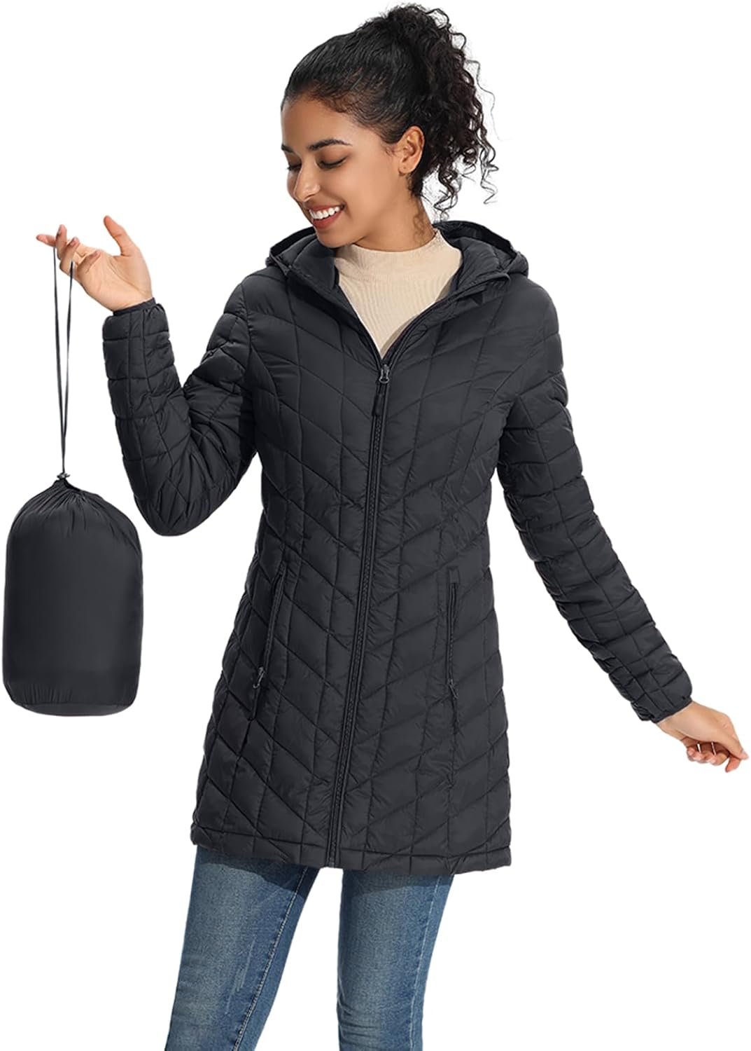 ZMC Women’s Packable Lightweight Puffer Jacket with Hood, Mid-Length Quilted Winter Coat with Zipper Pockets
