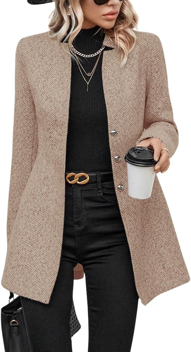 chouyatou Women’s Business Casual Herringbone Wool Coat Button Up Notch Collar Dressy Blazer Jacket