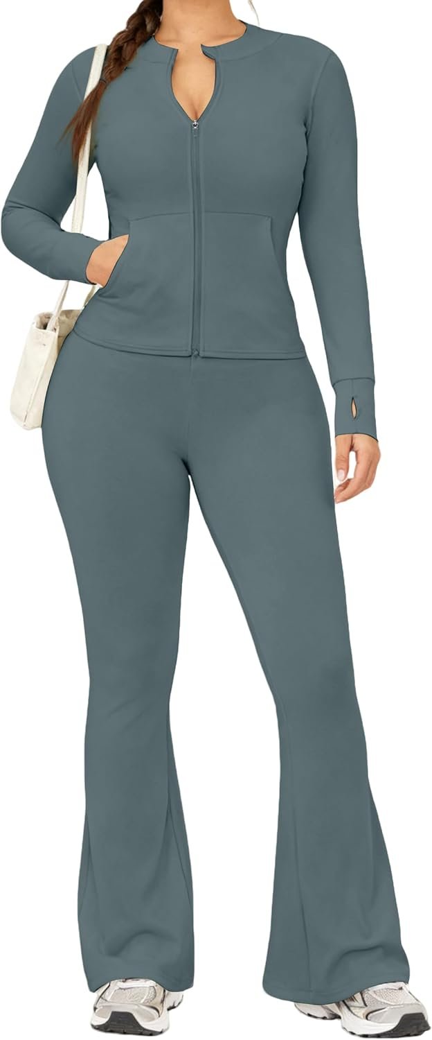 UOUA Women’s 2 Piece Set Long Sleeve Jacket & Ankle Length Workout Flare Leggings Casual Matching Outfit Tracksuit Sweatsuit
