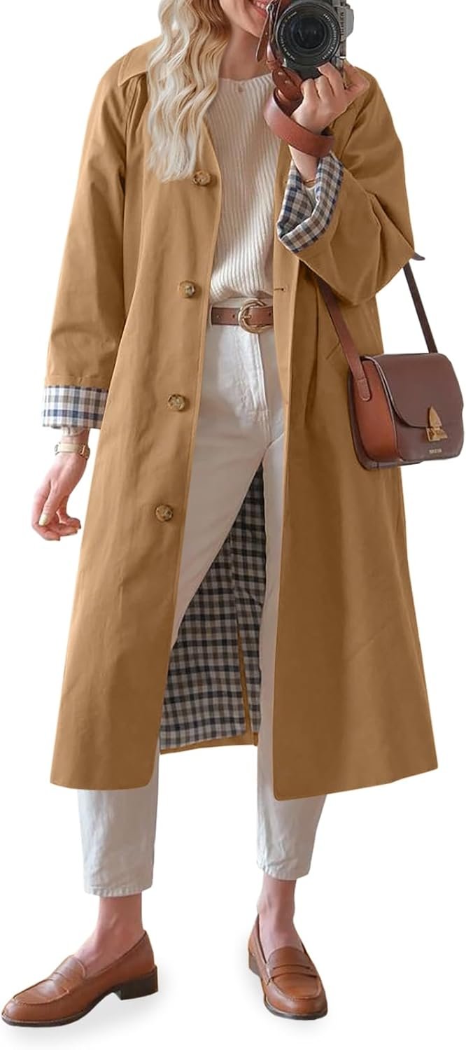 Tankaneo Womens Long Trench Coat Single Breasted Oversized Windproof Overcoat Fashion Outerwear