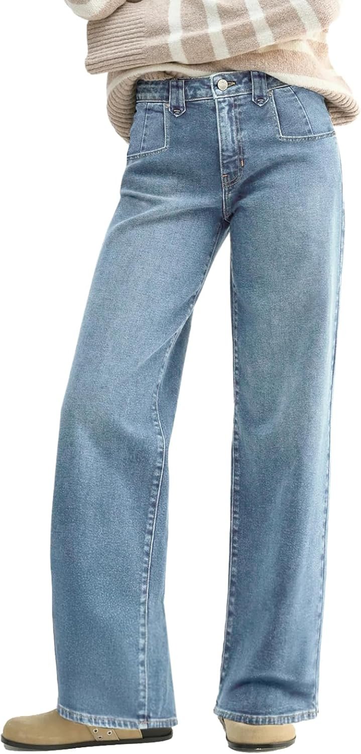 EMMIOL Baggy Straight Leg Jeans, Y2K Vintage Distressed Loose Fit, Large Pocket Boyfriend Wide Leg Trousers, Vintage Blue