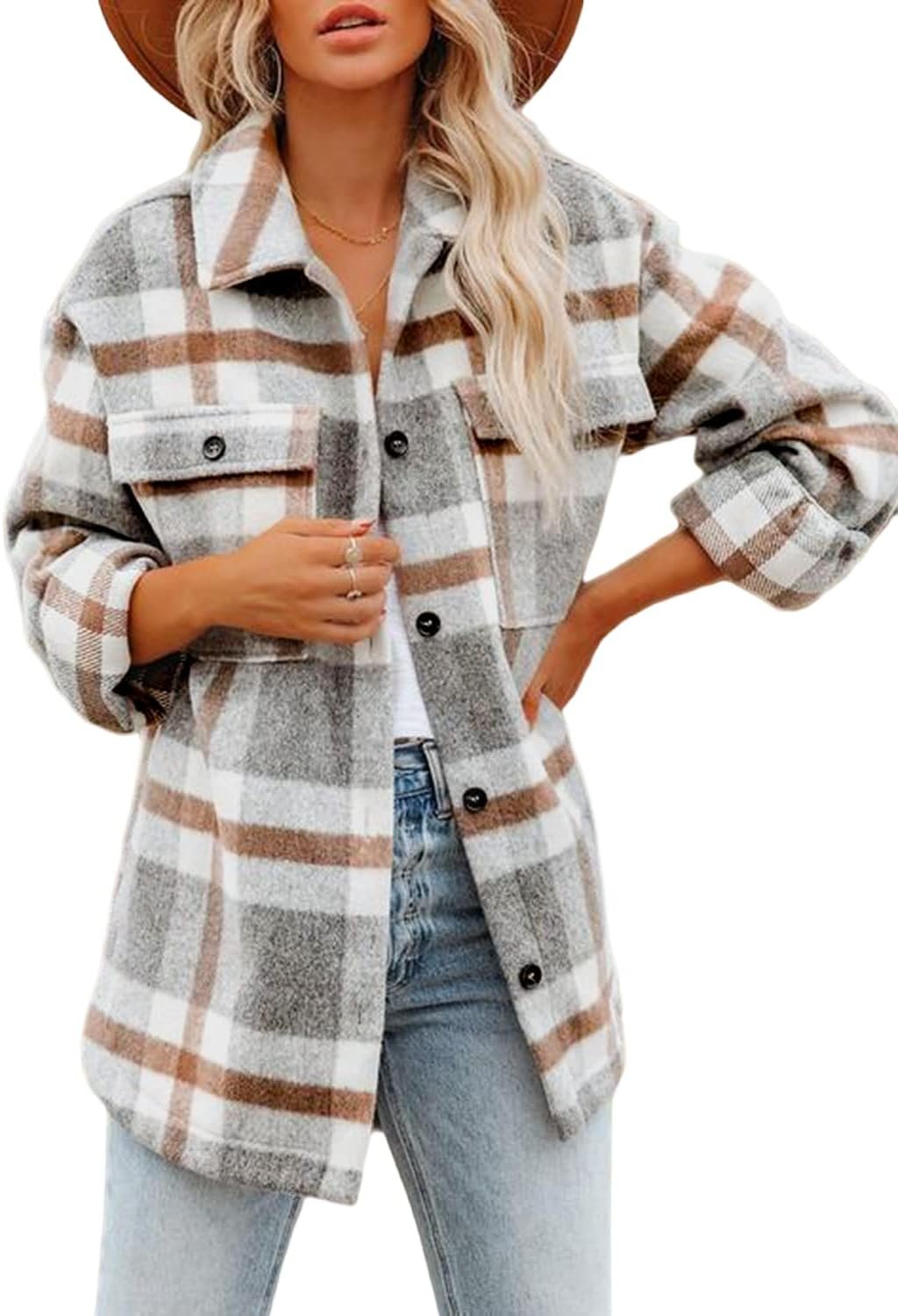 Beaully Women’s Flannel Plaid Shacket Fall Winter Outfits Long Sleeve Button Down Shirts Jacket Coats with Side Pockets