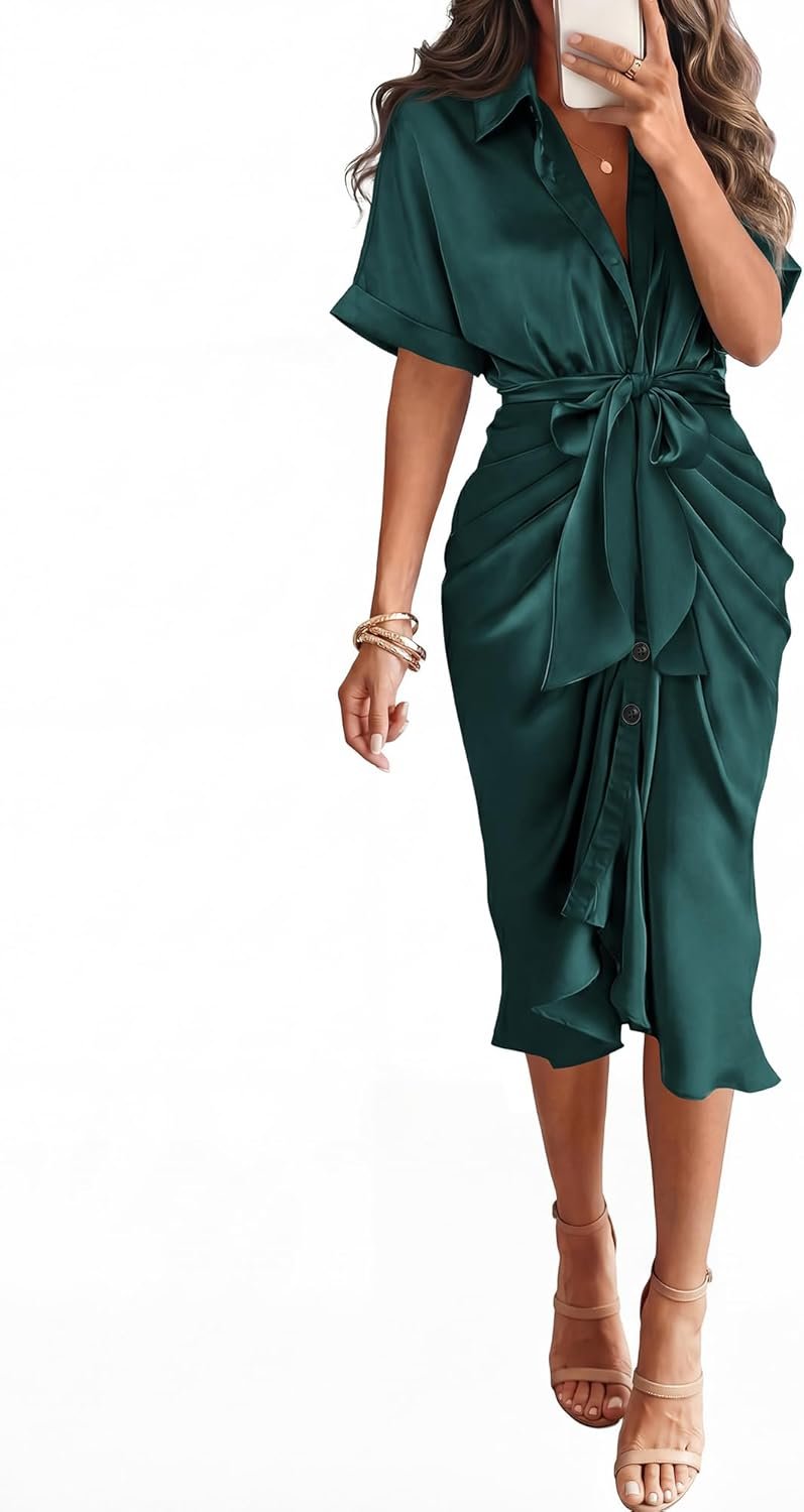 BTFBM Dresses for Women Summer Button Short Sleeve Silk Satin Ruched Spring Maxi Dress 2026 Cocktail Party Wedding