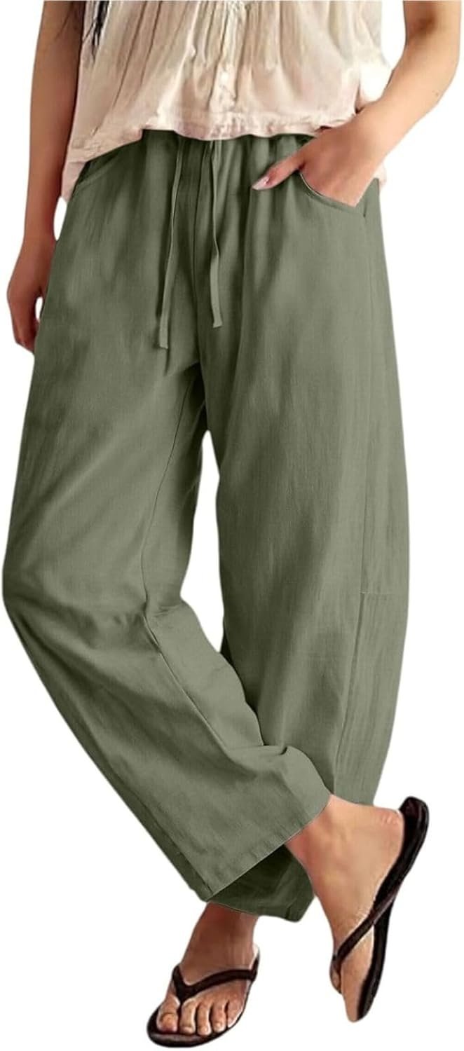 Linen Barrel Pants Women Wide Leg Palazzo Cotton Drawstring Capris Casual Summer Beach Vacation Boho Baggy Trousers