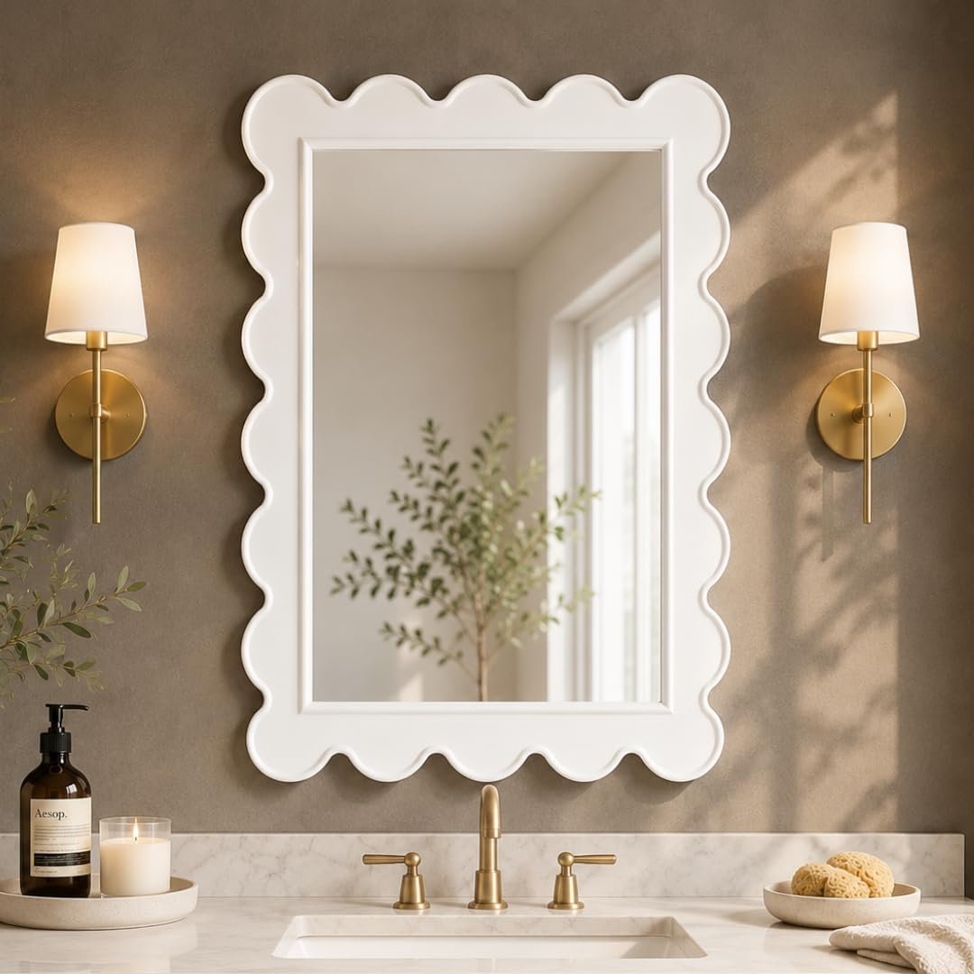CAALMA Scalloped Wall Mirror 24 x 36 Rectangular, Bathroom Mirror, Mirrors for wall Decor, Wooden Frame Mirrors for wall, Decorative Vanity Mirror, Nursery Decor, Entryway Mirror (White)