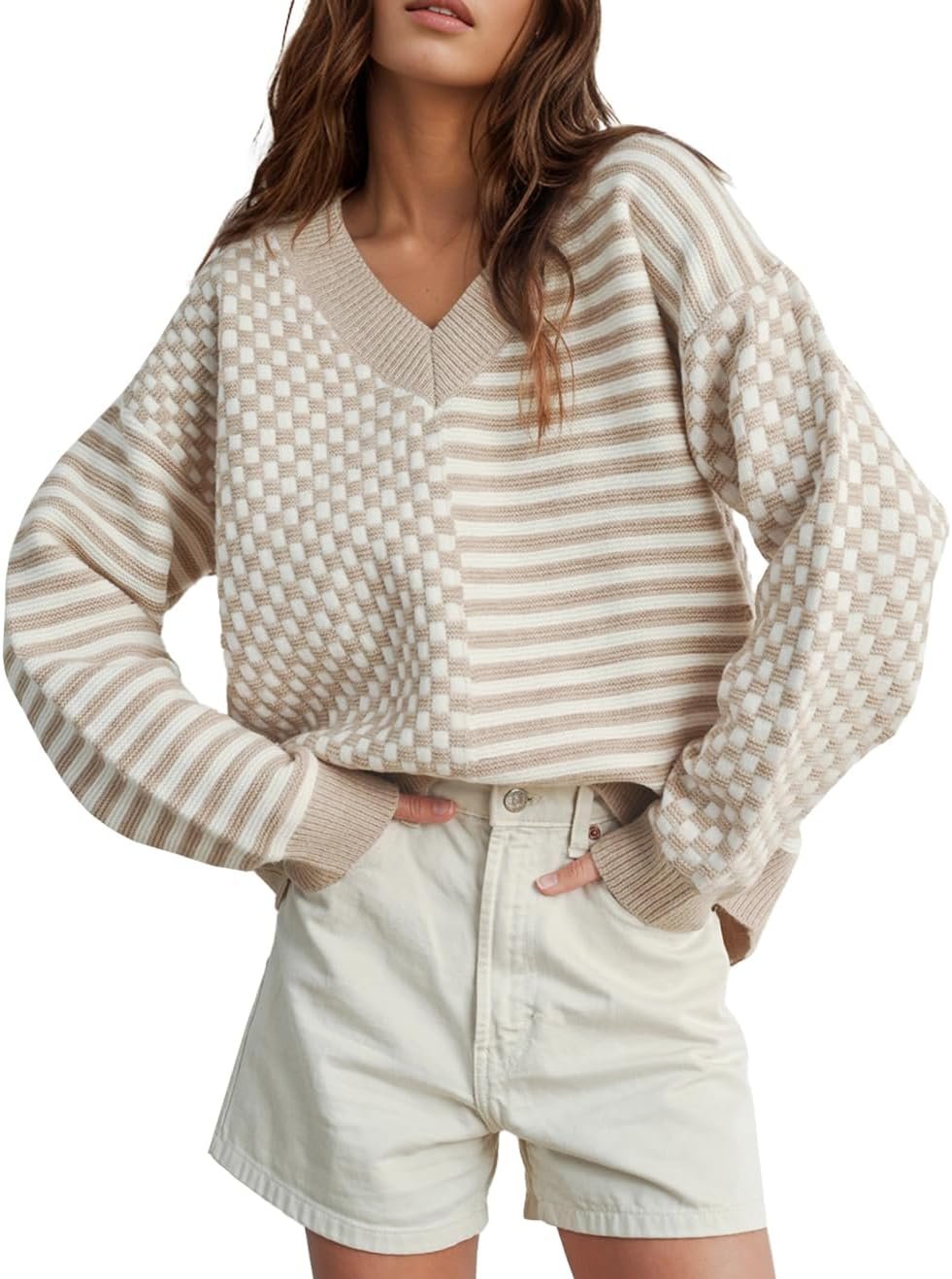 UNCLECAT Women’s Striped Checkered Sweater 2025 V Neck Fall Sweaters Casual Knit Trendy Pullover Tops