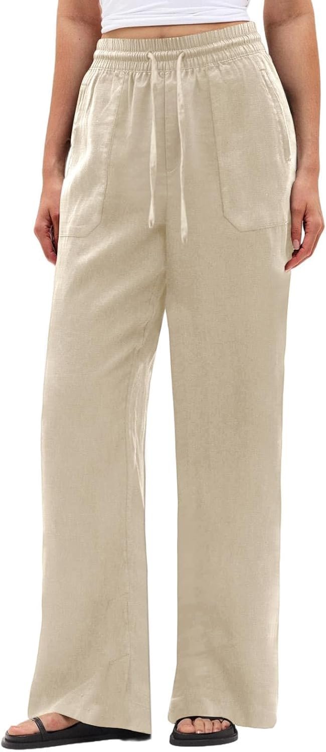 SEMARO Wide Leg Palazzo Pants for Women Casual Drawstring Flowy Beach Linen Trousers with Pockets Vacation