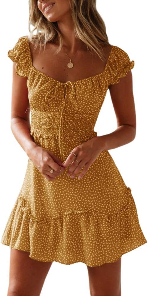 YOBECHO Womens Summer Ruffle Sleeve Sweetheart Neckline Printing Dress Mini Dresses