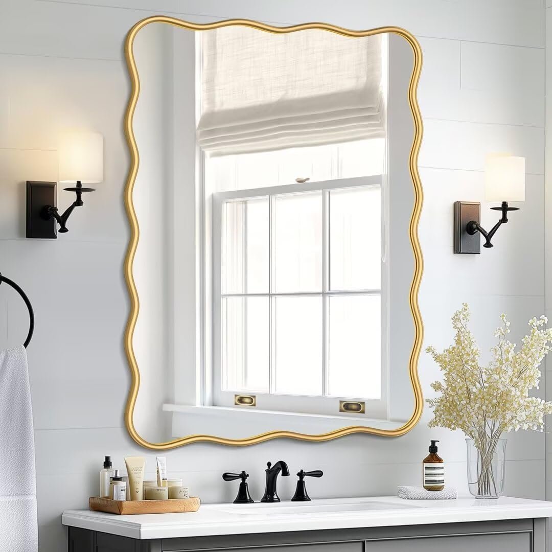 PROHOMEWARE 28 * 40″ Gold Bathroom Mirror for Wall,Wavy Rectangular Mirror,Vanity Mirror,Bathroom Mirrors for Wall,Wall-Mounted Metal Frame Mirror for Bedroom Entryway Living Room Farmhouse (Gold)