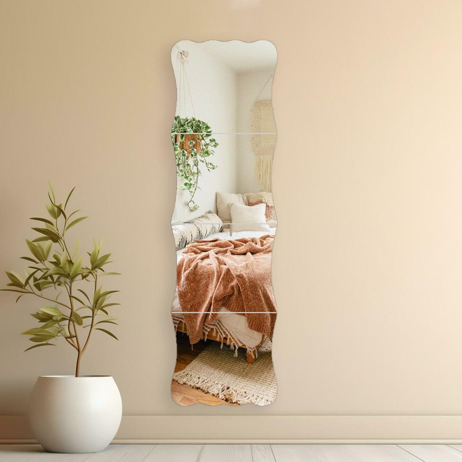 Wavy Mirror Wall Full Length, 4 Pcs 12X14 Inch Acrylic Shatterproof Mirrors, Mirror Sheets Stickers for Walls, Non-Glass Safety Full Body Mirrors Tiles for Bedroom, Home Gym, Door, or Dorm, Kids