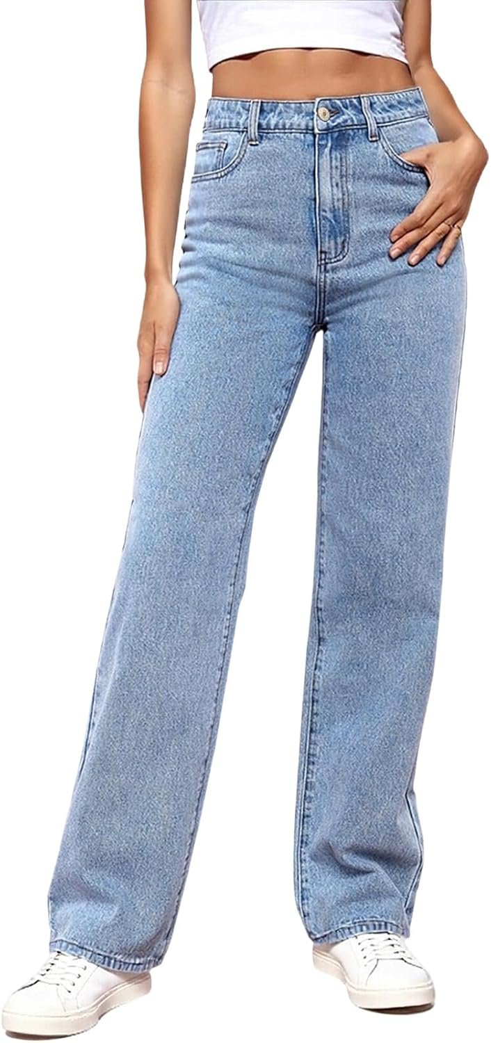 Women’s Straight Leg Jeans Tummy Control Trendy High Waisted Stretchy Casual Denim Pants Baggy Trousers