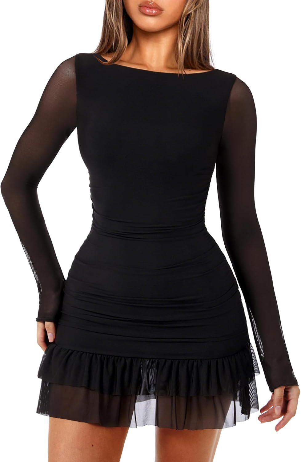 OZICERD Women Boat Neck Bodycon Mini Dresses Long Sleeve Going Out Dress Ruffle Mesh Short Elegant Club Cocktail Party Dress