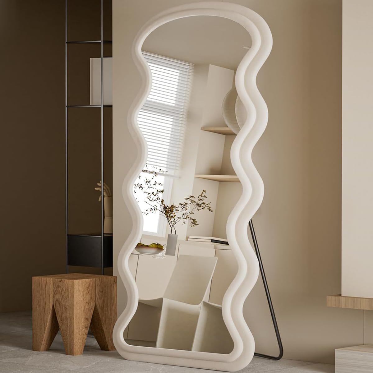 Koonmi 71″x32″ Wavy Mirror Full Length, Flannel Floor Mirror, Large Floor Standing Mirror Wall Mounted with Flannel Wrapped Frame for Bedroom & Living Room, White
