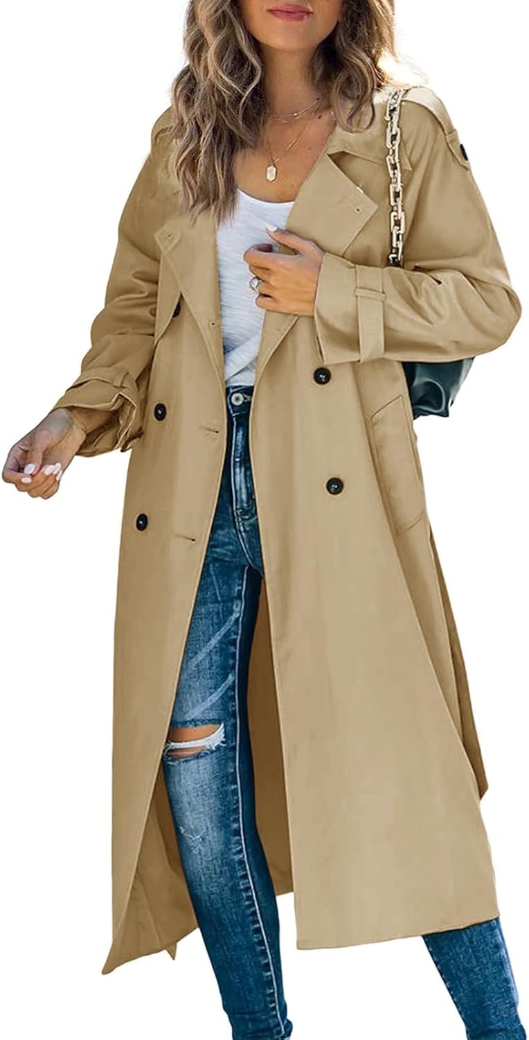 Makkrom Women’s Double Breasted Long Trench Coat Windproof Classic Lapel Slim Overcoat with Belt