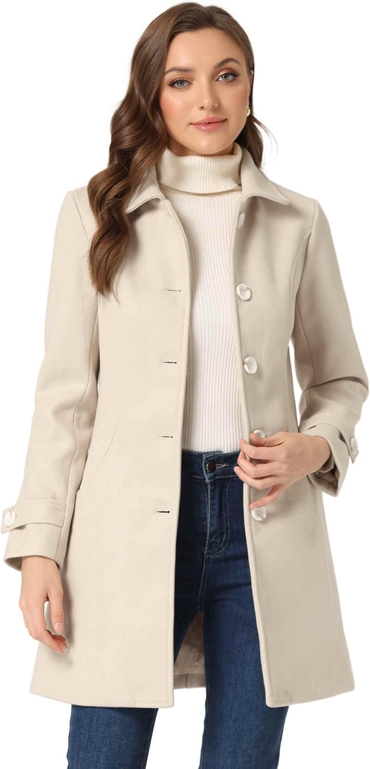 Allegra K Women’s Winter Outerwear Overcoat Peter Pan Collar Mid-thigh A-line Single Breasted Pea Coat