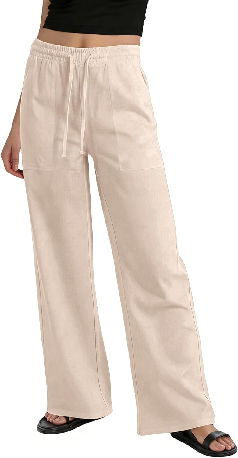 keriffe Womens Linen Casual Pants Wide Leg Summer Beach Palazzo Trousers with Pockets