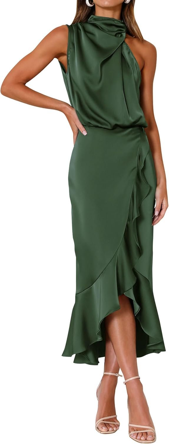 KIRUNDO Women 2026 Spring Summer Satin Mock Neck Wedding Guest Party Cocktail Midi Dress Sleeveless Wrap Ruffle Formal Dress