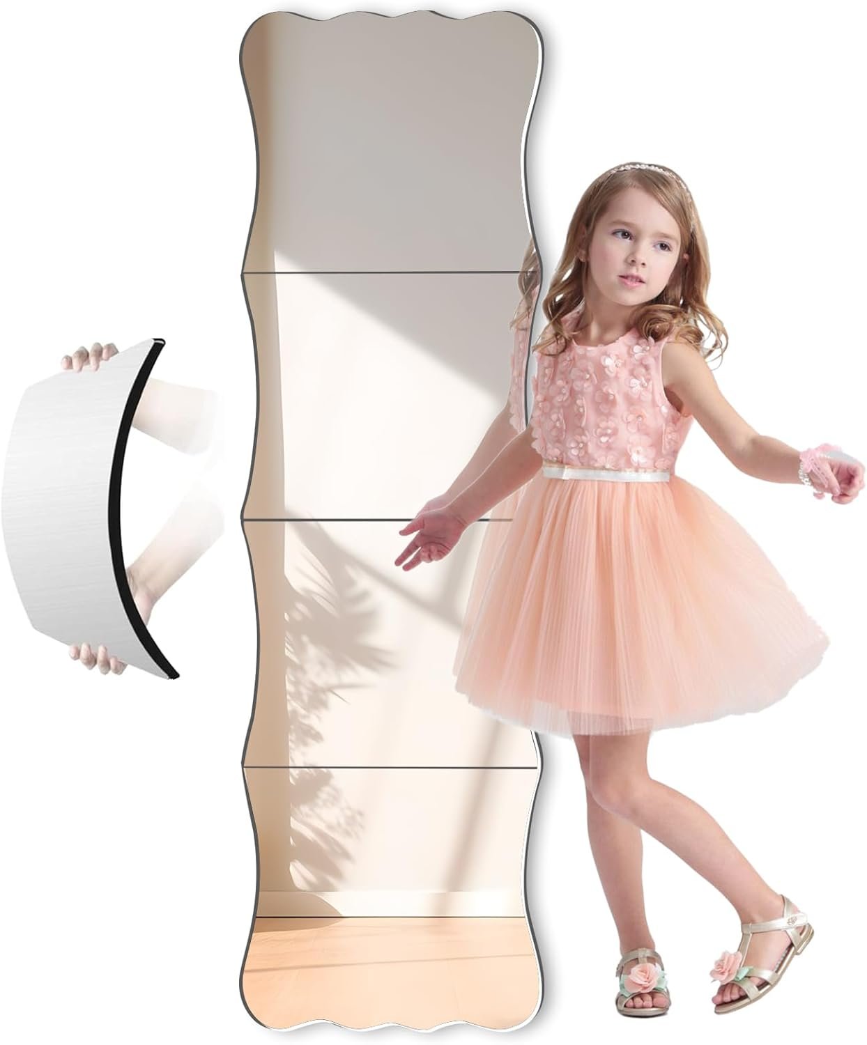 Wavy Shatterproof Full Length Wall Mirror Tiles, 47″ x 14″ (4 Pack 14″ x 12″), Unbreakable Acrylic Safety Body Mirror for Kids, Baby, Toddler, Playroom, Dorm, Door & Gym, Frameless Non-Glass