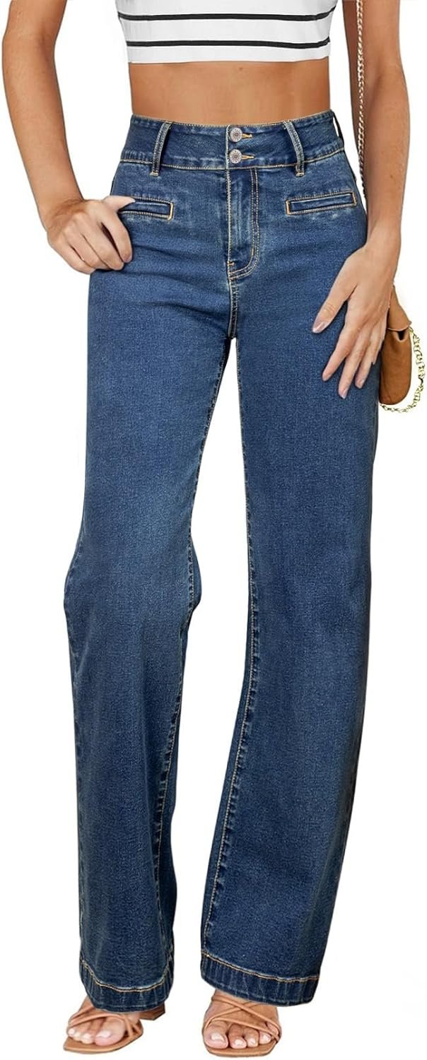 Sidefeel Women’s Jeans High Waisted Straight Leg Stretchy Jeans Trendy Loose Wide Leg Zimbaplatinum Denim Pants with Pockets