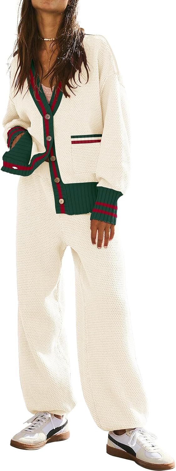 Women’s 2 Piece Outfit Lounge Set Trendy Cardigan Sweater Pants Sets V Neck Button Pocket Knit Matching Loungewear