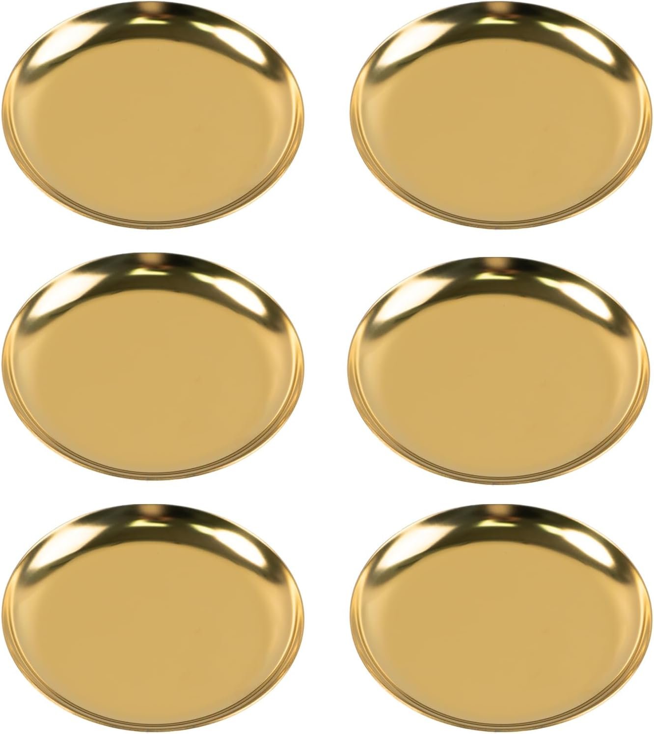 6 PCS Stainless Steel Gold Jewelry Dish, 4 Inch Trinket Tray, Round Serving Trays, Candle Plate, Mini Storage Organizer Trays for Jewelry Cosmetics (Golden)
