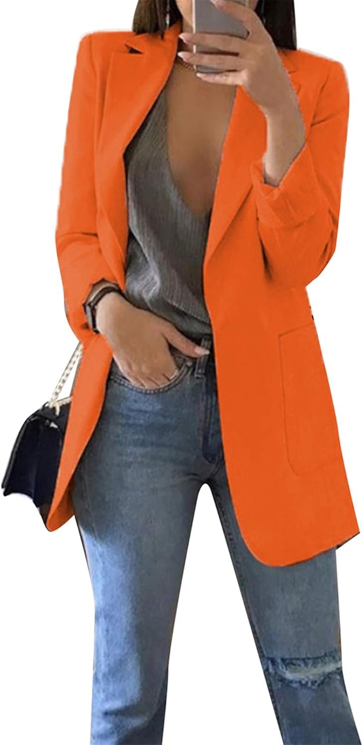 Womens Long Sleeve Solid Color Blazer Open Front Slim Fit Work Jackets Coat