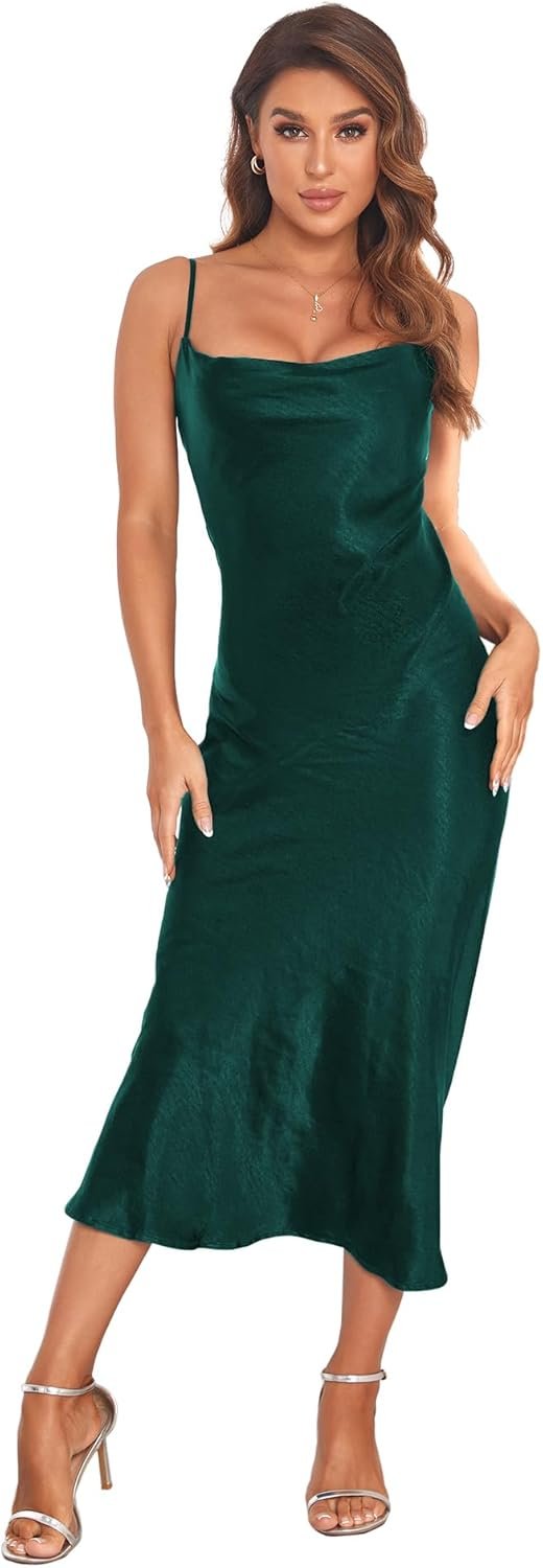 Women’s Spaghetti Strap Midi Satin Silk Dresses Slip Cowl Neck Party Cocktail Evening Sexy Dress