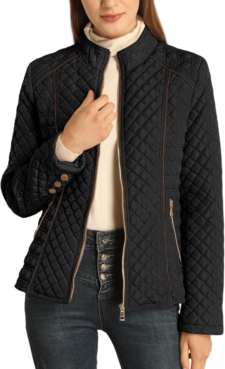 Bellivera Women’s Stand Collar Lightweight Quilted Puffer Jacket Padded Zip Coat for Spring and Winter