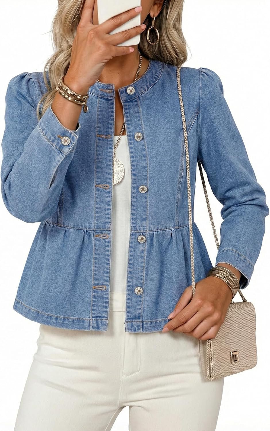 Dokotoo Cropped Jean Jacket Women Button Down Long Sleeve Collarless Cinched Waist Denim Jackets