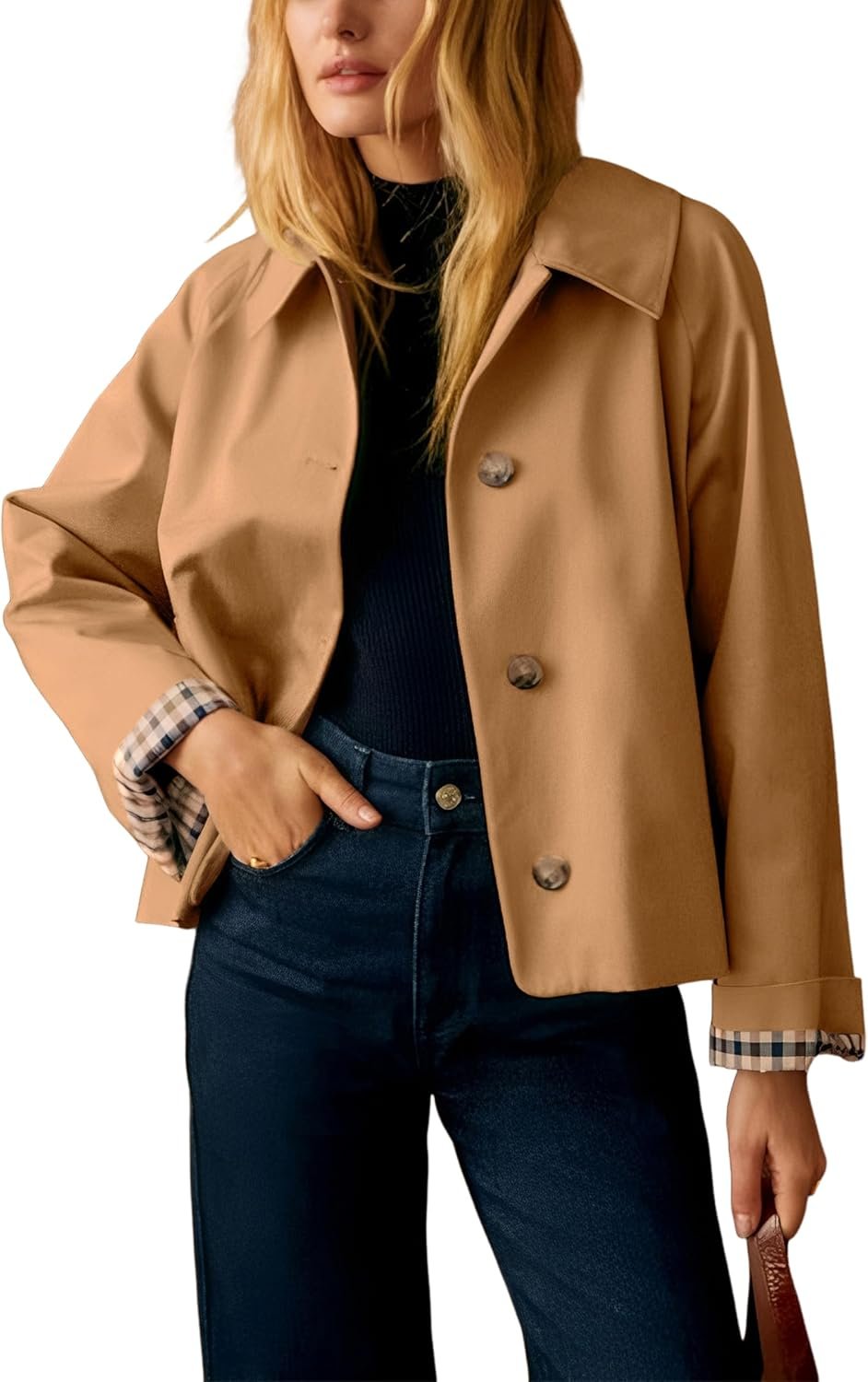 Dqbeng Womens Short Trench Jacket Plaid Lining Button Front Lightweight Classic Casual Outerwear with Pockets