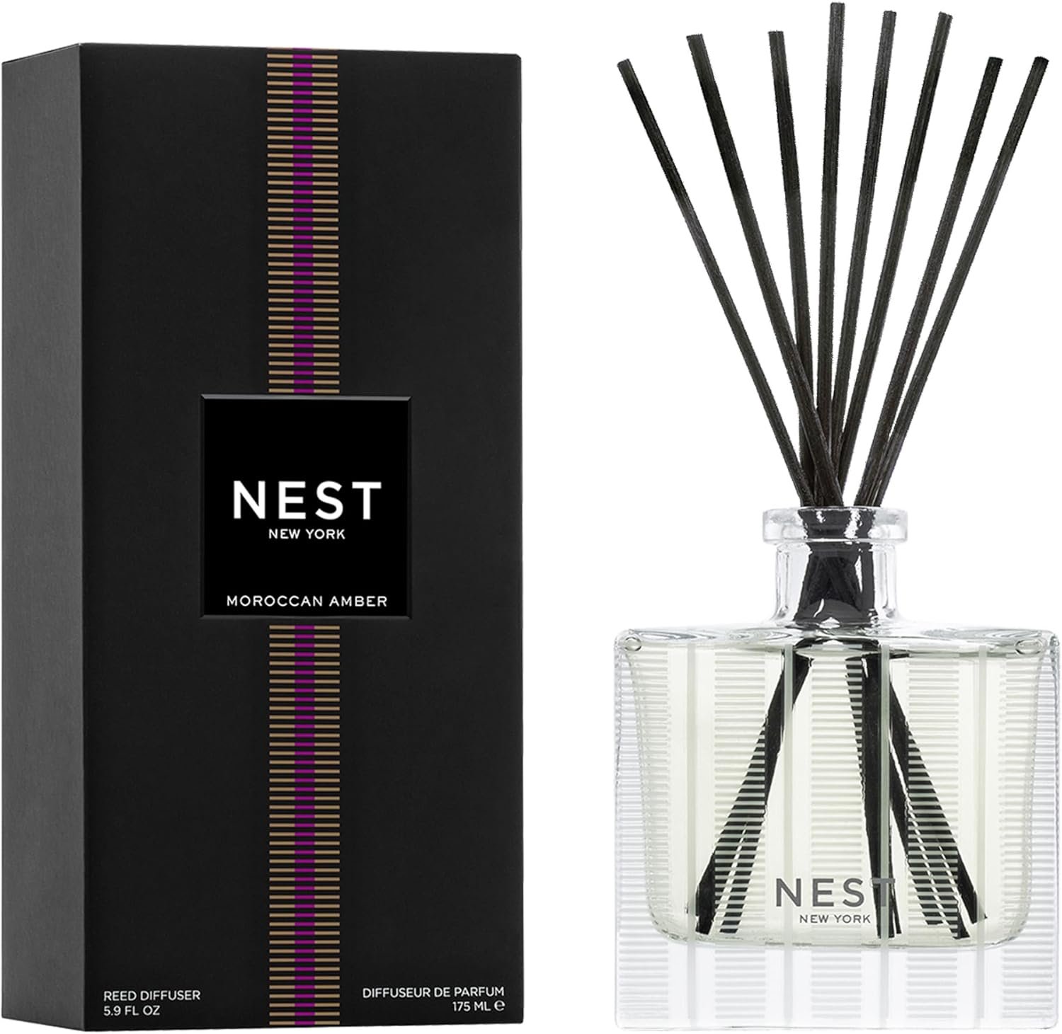 NEST New York Reed Diffuser, Moroccan Amber – 5.9 fl oz – Fragrance for Up to 90 Days – Reusable, Refillable Glass Holder – Includes 8 All-Natural Reed Sticks – Flame Free