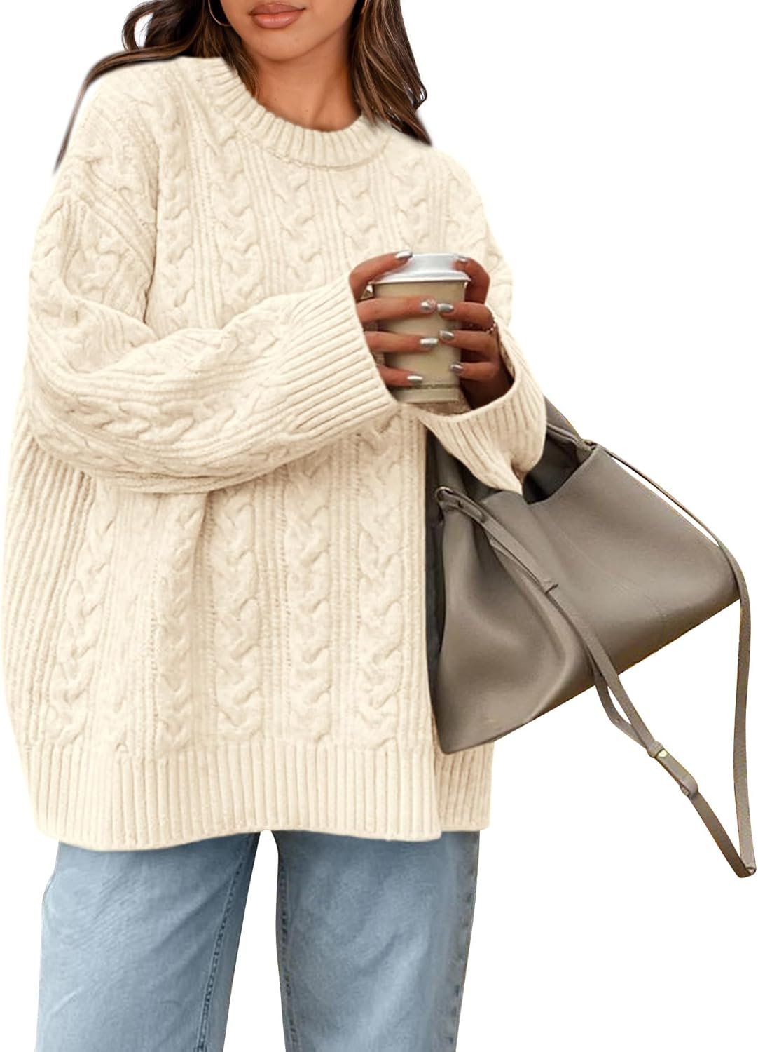 Okiwam Women’s Oversized Sweaters Crewneck Cable Knit Pullover Casual Loose Fall Outfits Spring Fashion Clothes 2026