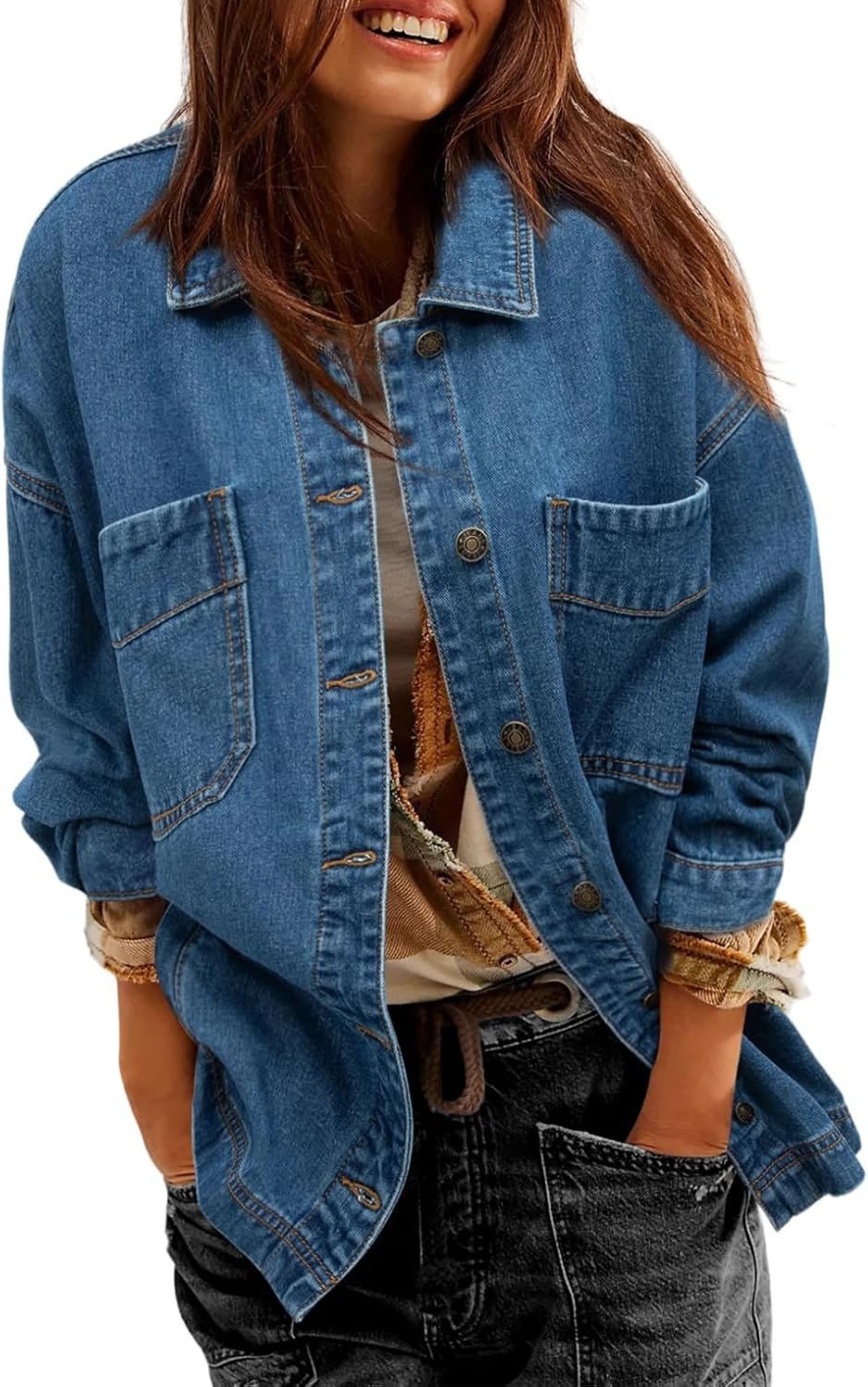Sidefeel Women’s Jean Jacket Oversized Boyfriend Button Up Long Sleeve Split Zimbaplatinum Denim Jackets